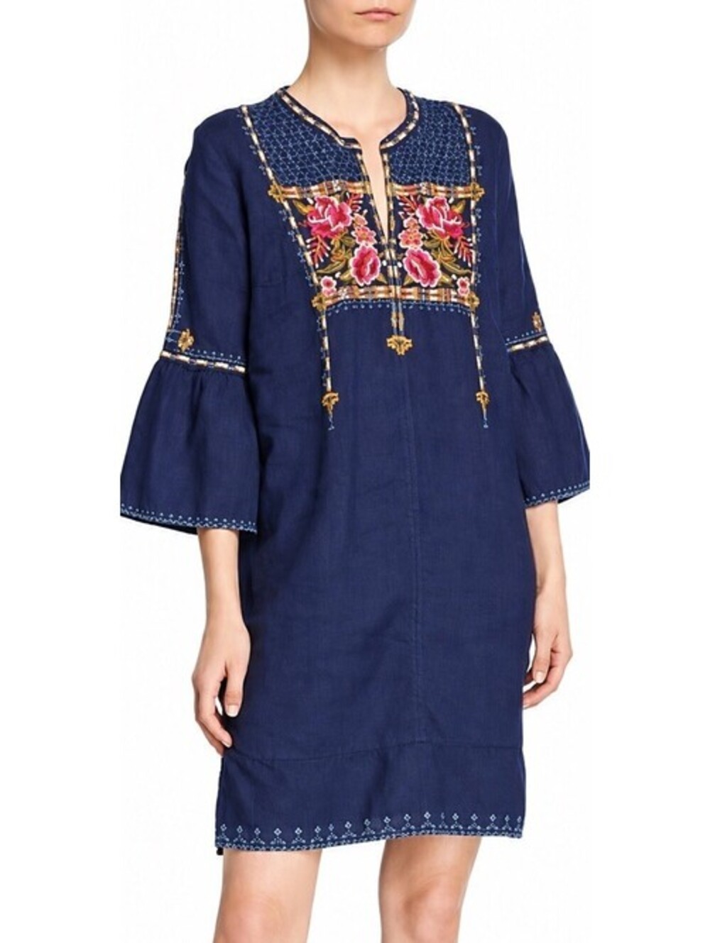 Johnny Was Axton Flute Embroidered Linen Tunic Dress
